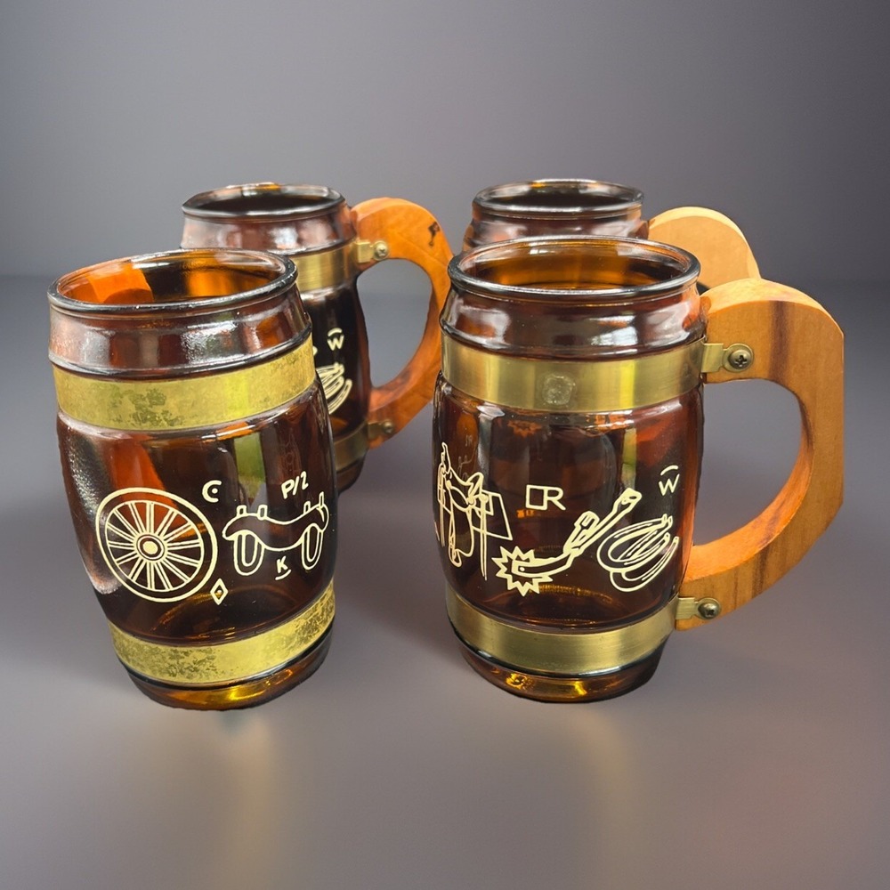 Siesta Ware Cowboy Barrel Mugs - Amber Glass & Wood Handles-Old West 4 Vtg